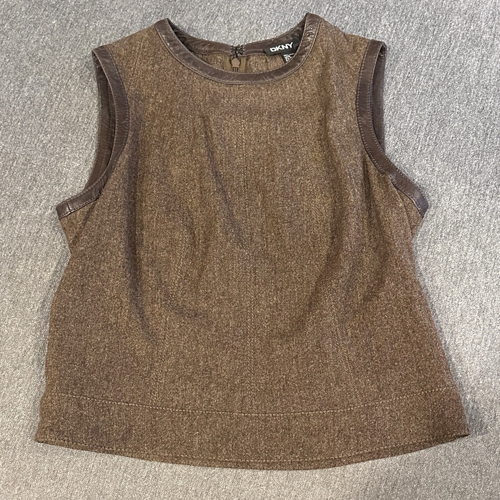 DKNY Chocolate Brown Sleeveless Tank Top With Leather Trim